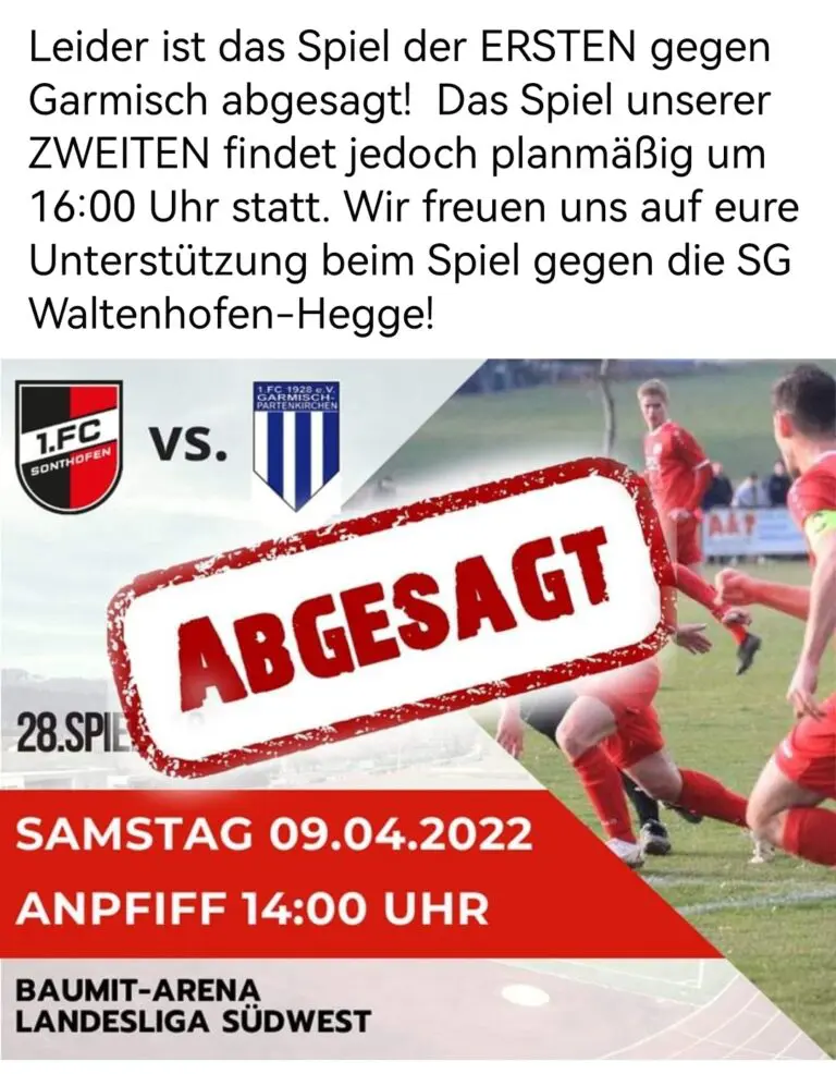 Mehr über den Artikel erfahren Abgesagt: 1.FC Sonthofen – 1.FC Garmisch-Partenkirchen